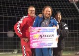Mini Stock winner Dan Myrick joined by Gene Glover (left) and Ryan Doglione (right) at Keller Auto Speedway during the Kings County Fair.